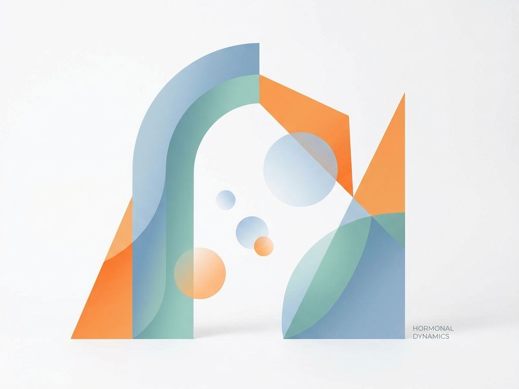 Abstracte geometrische vormen in zachte blauwtinten en oranje die hormonale balans bij tieners symboliseren op witte achtergrond
