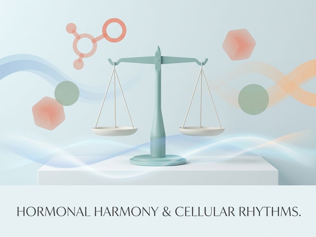Elegante weegschaal in zachte kleuren met geometrische vormen die hormonen voorstellen op lichtblauwe achtergrond