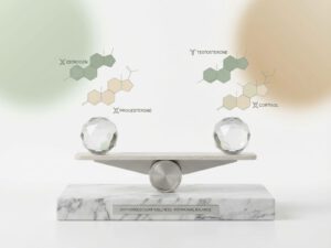 Elegante weegschaal met geometrische hormoonsymbolen in zachte pasteltinten, symboliseert hormonale balans en wellness