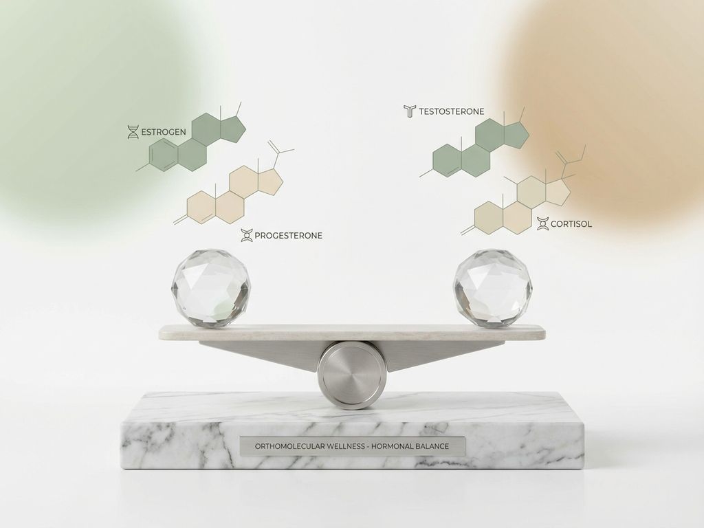 Elegante weegschaal met geometrische hormoonsymbolen in zachte pasteltinten, symboliseert hormonale balans en wellness