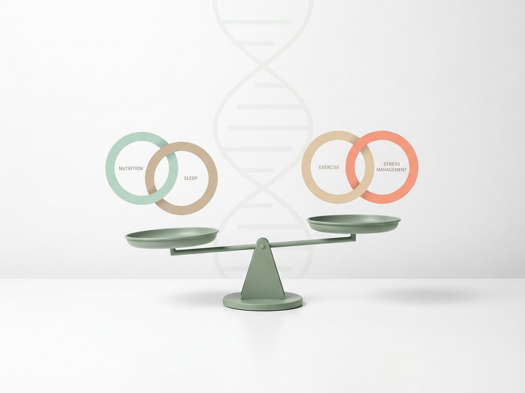 Elegante weegschaal in mintgroen met zwevende cirkels voor voeding, slaap, sport en stress op witte achtergrond