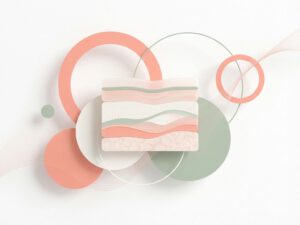 Minimalistische illustratie van huidlagen en hormonale processen met geometrische vormen in koraal en saliegroen tinten.