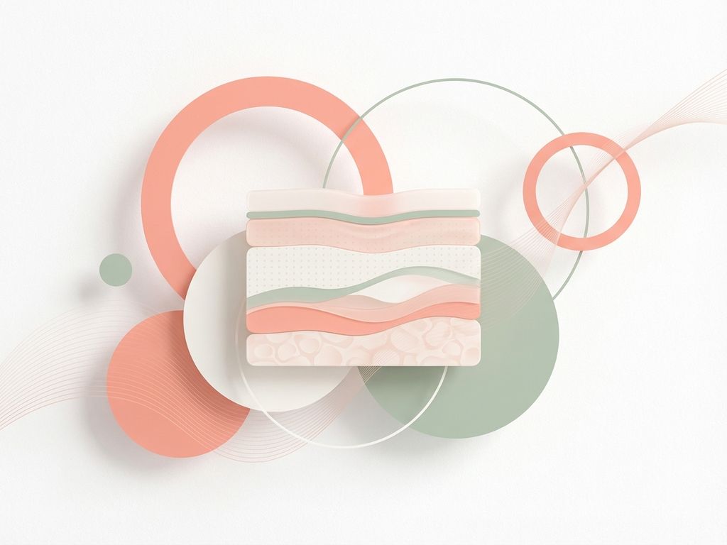 Minimalistische illustratie van huidlagen en hormonale processen met geometrische vormen in koraal en saliegroen tinten.