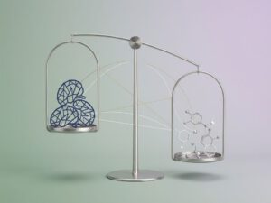 Weegschaal met hersensymbolen en hormoommoleculen, licht uit balans, op groene naar paarse achtergrond