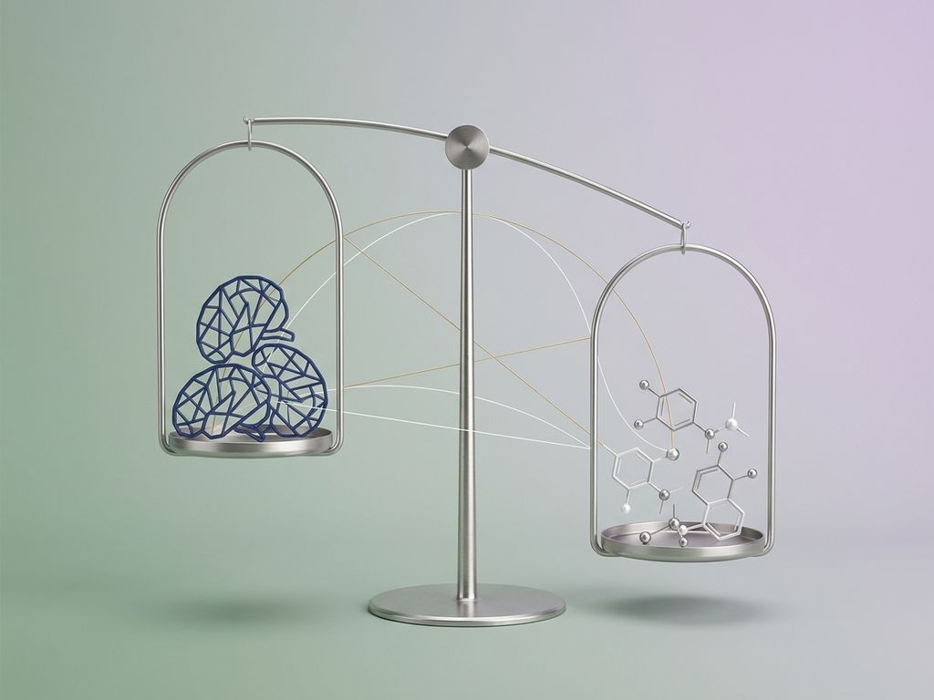 Weegschaal met hersensymbolen en hormoommoleculen, licht uit balans, op groene naar paarse achtergrond