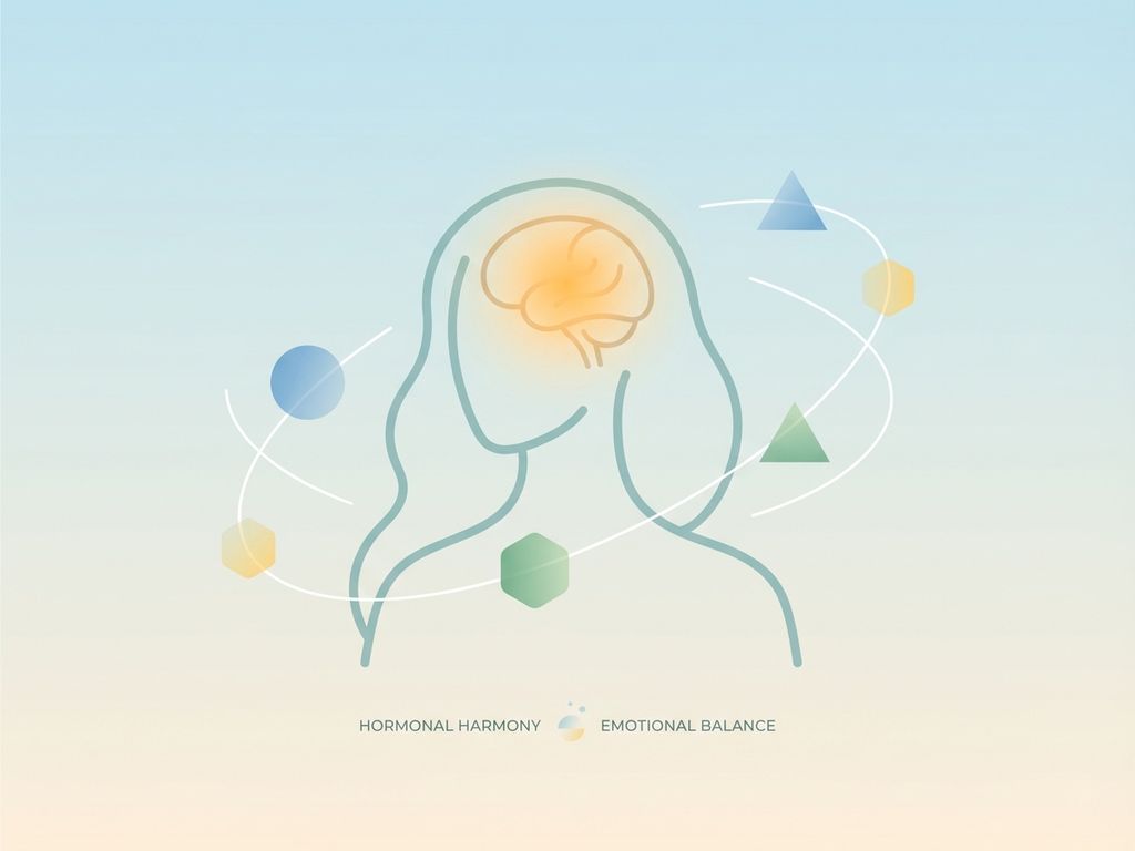 Abstracte menselijke silhouet in teal met gloeiend brein in amber, omringd door geometrische hormonale moleculen op blauwe gradiënt