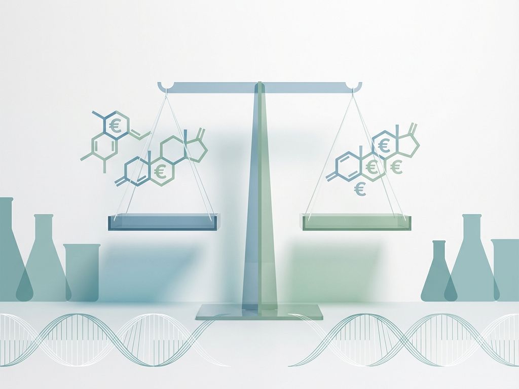 Weegschaal met moleculaire structuren en DNA-elementen in teal en groen, laboratorium bekers, euro symbolen op witte achtergrond