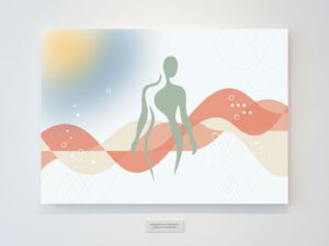 Abstracte menselijke silhouet in zachte kleuren met geometrische golven die hormonale schommelingen en vermoeidheidscyclus visualiseren