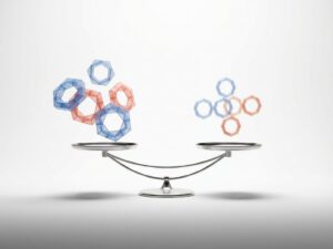Weegschaal met moleculaire structuren toont hormonale onbalans, zwaardere clusters links, lichtere rechts op witte achtergrond.