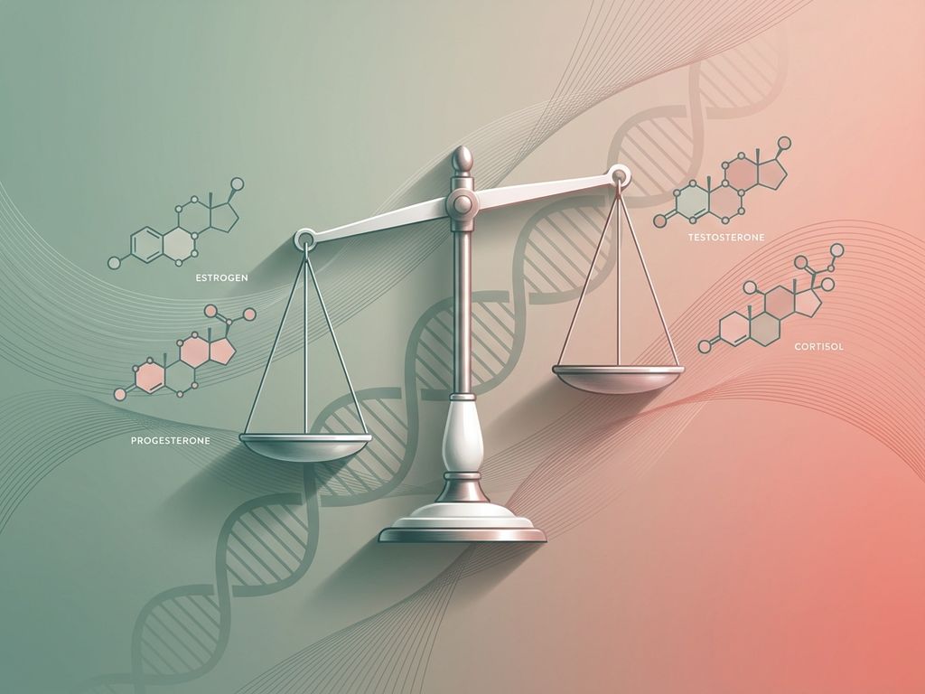 Elegante weegschaal met hormonale molecuulstructuren in evenwicht op zachte groen-roze achtergrond voor medische balans