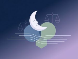 Slapende wassende maan boven abstracte hormoonvormen en balansschalen op rustgevende blauwe achtergrond