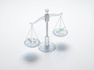 Elegante weegschaal in medische blauwtinten met geometrische hormoonmoleculen, symboliseert hormonale balans in gezondheidszorg.