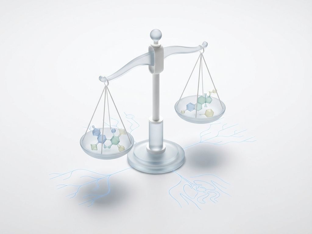 Elegante weegschaal in medische blauwtinten met geometrische hormoonmoleculen, symboliseert hormonale balans in gezondheidszorg.