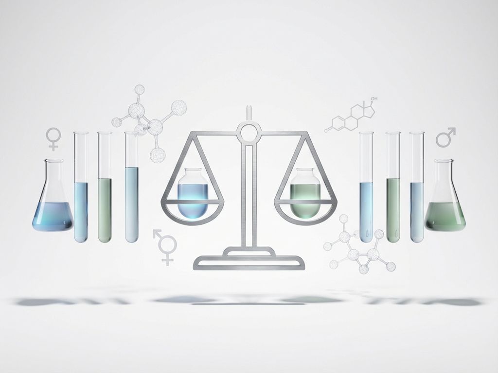 Medische testapparatuur met reageerbuizen en moleculaire structuren rond weegschaal die hormonale balans symboliseert