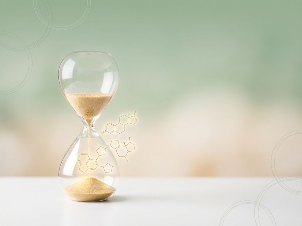 Zandloper met gouden zanddeeltjes die transformeren in hormoonmoleculen tegen zachte groene achtergrond