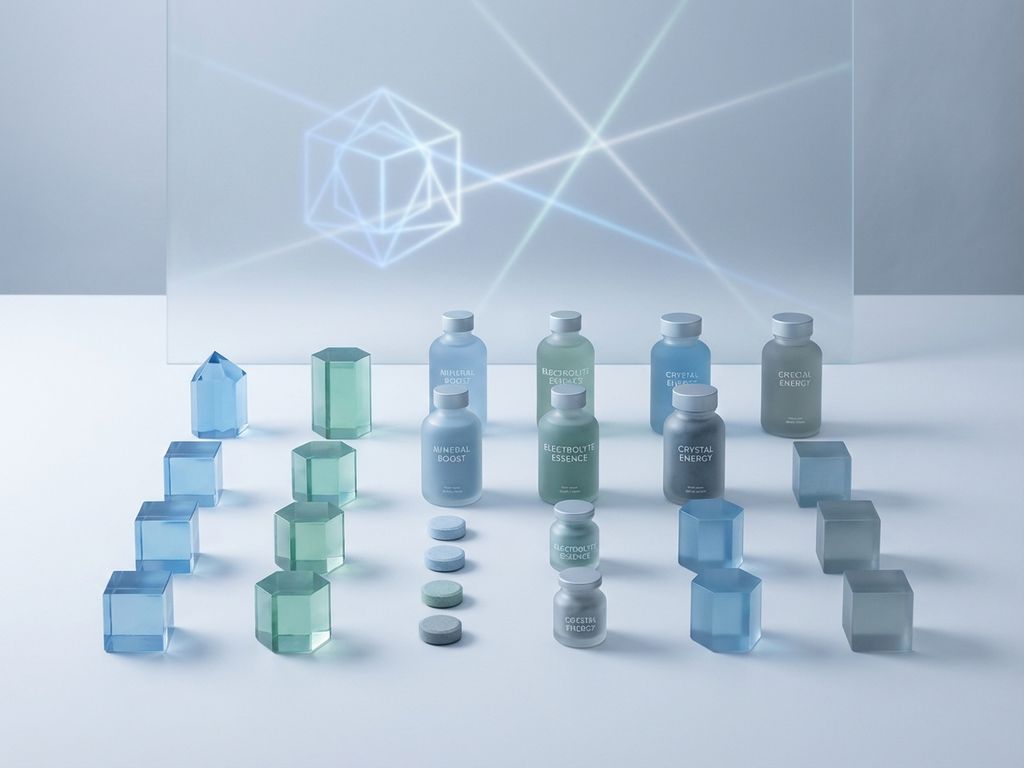 Geometrisch gerangschikte kristallen en mineraalsupplementen op witte ondergrond met zachte blauwe verlichting