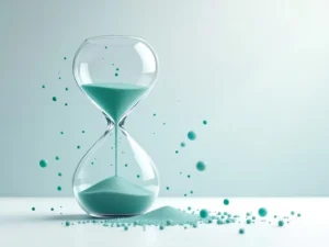 Zandloper met donkergrijze zandkorrels die groen worden tijdens het vallen, symboliseert Long COVID herstel en genezing