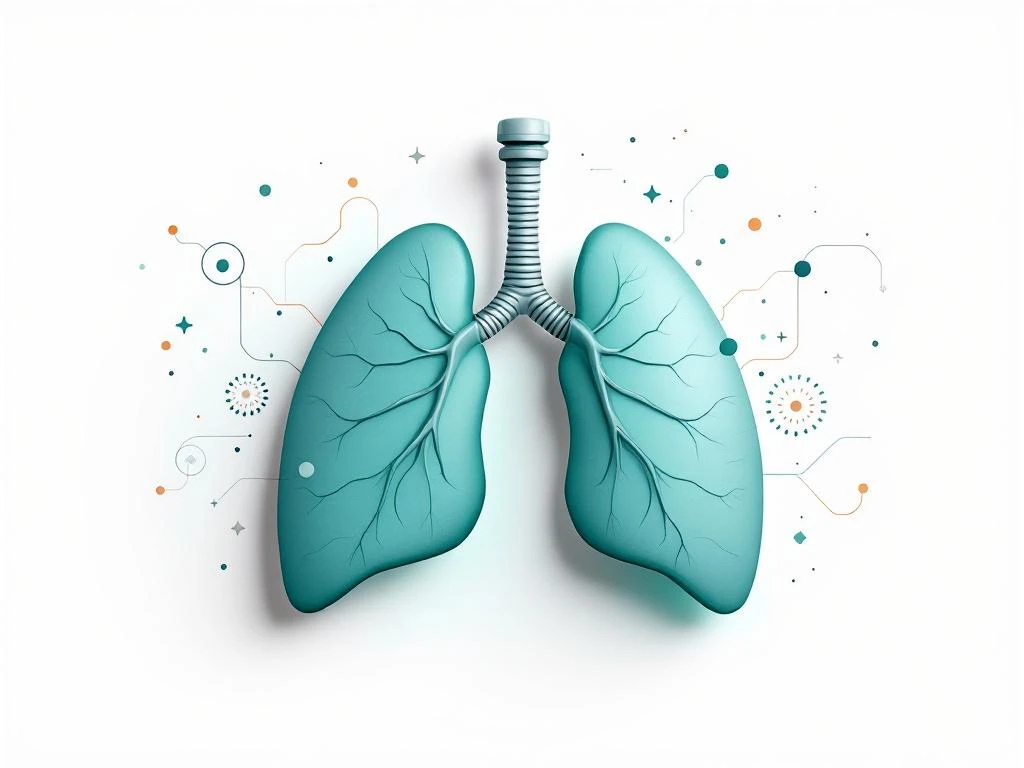 Gestileerde longen in zachte blauwgroene tinten met geometrische genezing elementen op witte achtergrond