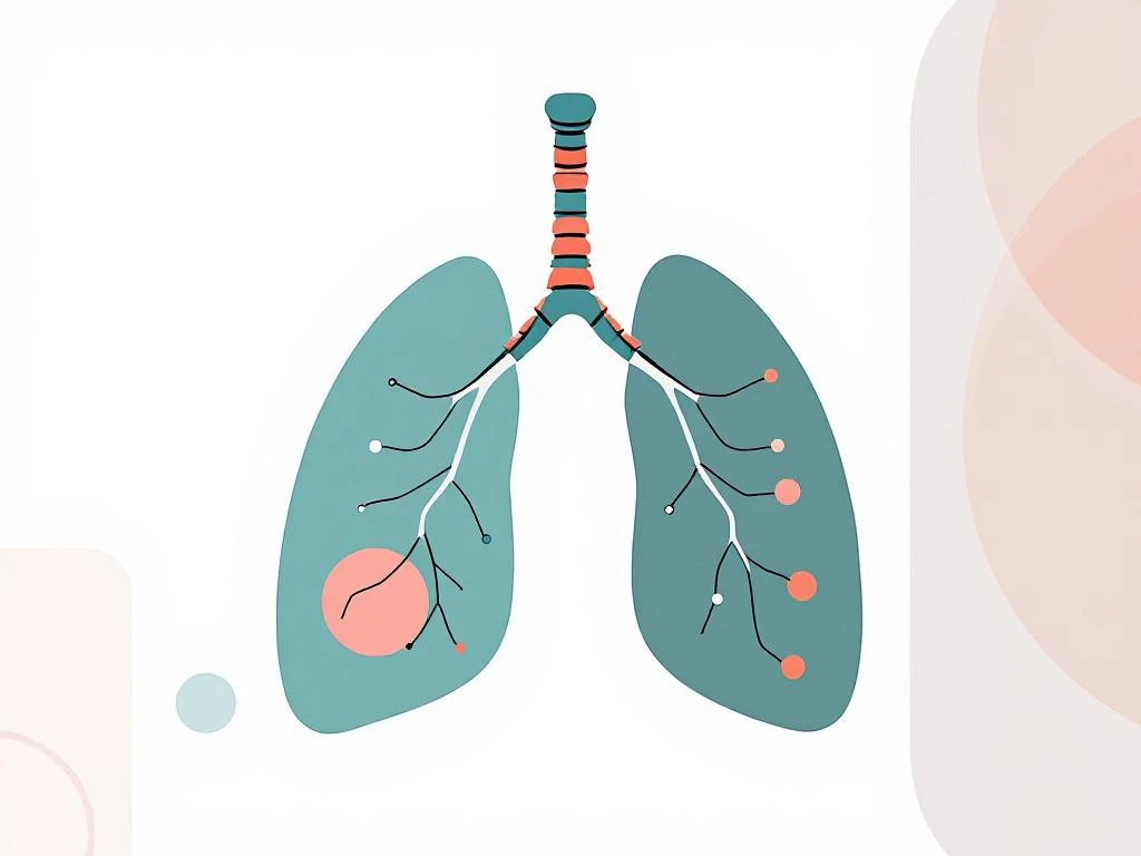 Medische illustratie van longen en wervelkolom in zachte kleuren met geometrische vormen en verbindingslijnen