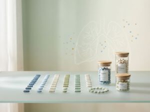 Elegante supplementcapsules en tabletten in geometrische patronen met longen-silhouet op zachte groene achtergrond