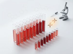 Medische reageerbuizen met rode bloedmonsters op witte laboratoriumtafel met moleculaire structuren op achtergrond