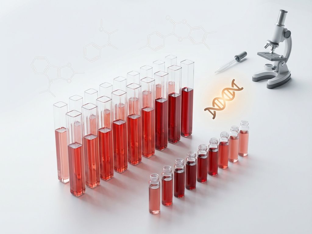 Medische reageerbuizen met rode bloedmonsters op witte laboratoriumtafel met moleculaire structuren op achtergrond