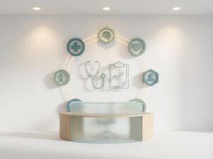 Medische consultatie illustratie met stethoscoop en klembord iconen, verbonden specialisten symbolen in teal en groen