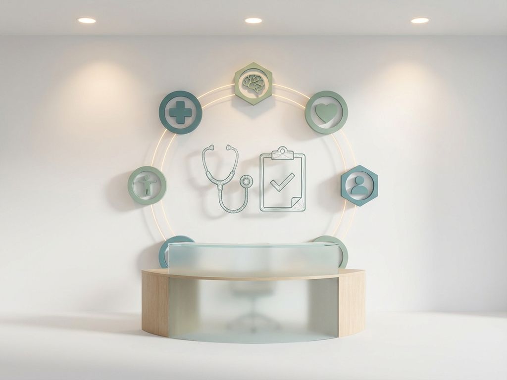 Medische consultatie illustratie met stethoscoop en klembord iconen, verbonden specialisten symbolen in teal en groen