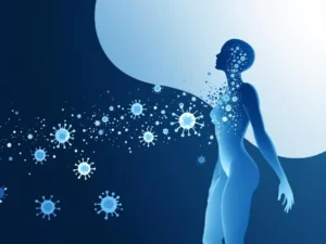 Minimalistisch medisch diagram toont menselijk lichaam silhouet in blauw-grijs met oplosende virusdeeltjes en herstelproces