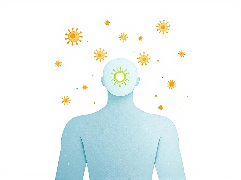 Menselijke silhouet met helende energie vanuit borst, omringd door virusdeeltjes en herstellijnen op witte achtergrond