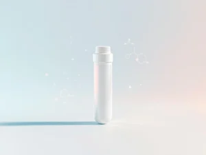 Laboratoriumreageerbuisje op blauwe achtergrond met moleculaire symbolen voor medische diagnostiek en gezondheid