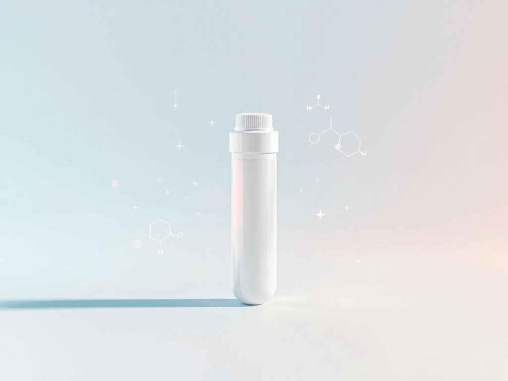 Laboratoriumreageerbuisje op blauwe achtergrond met moleculaire symbolen voor medische diagnostiek en gezondheid