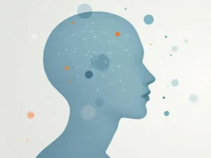 Transparant hoofd silhouet met hersenpaden en geometrische vormen in blauwtinten voor geestelijke gezondheid