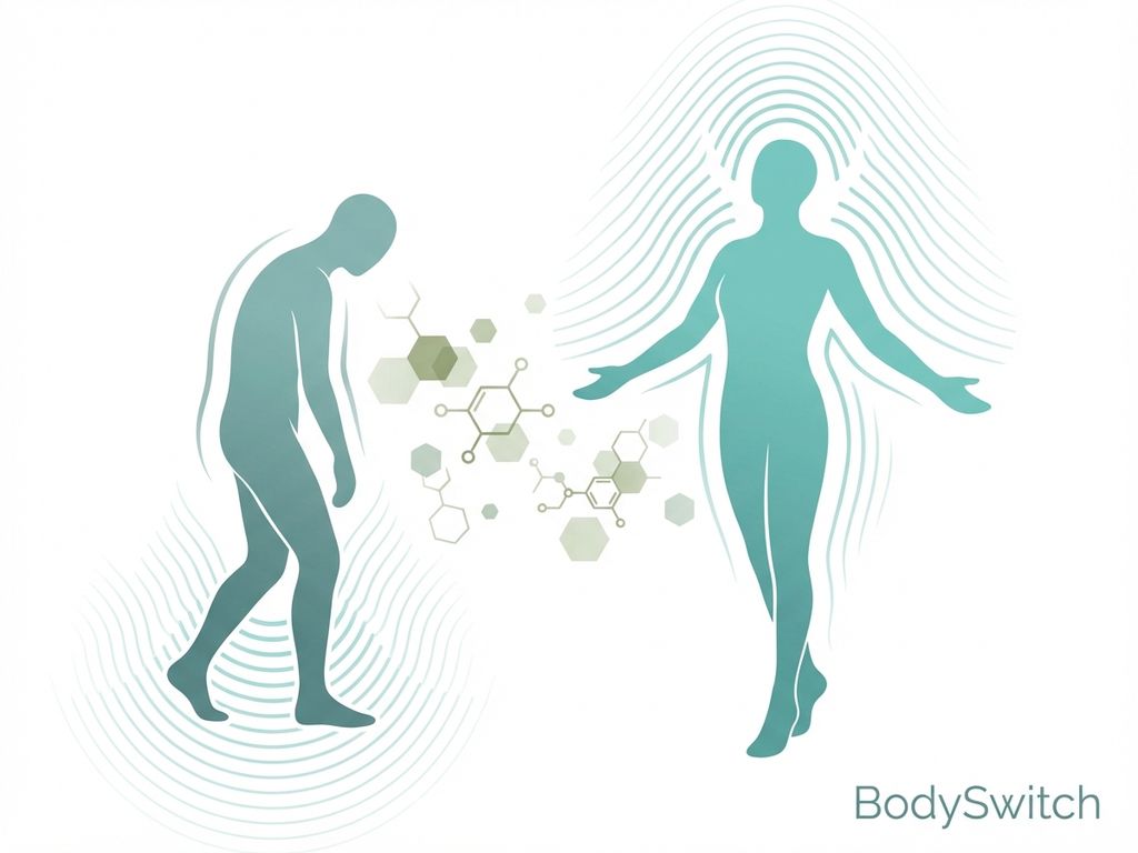 Menselijke silhouet transformeert van vermoeidheid naar vitaliteit met moleculaire structuren, orthomoleculaire geneeskunde concept