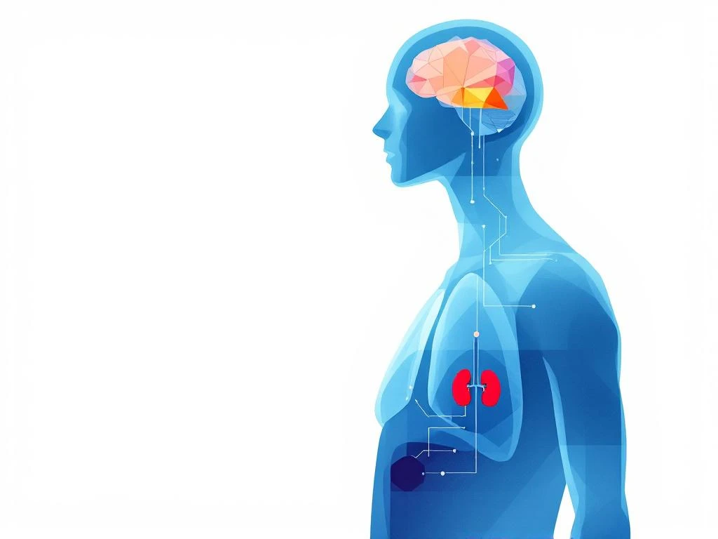 Medische illustratie van menselijk silhouet met gemarkeerde organen zoals longen, hart, nieren en hersenen
