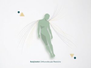 Groene menselijke silhouet met vermoeidheid, omringd door energiegolven en geometrische vormen in medische stijl