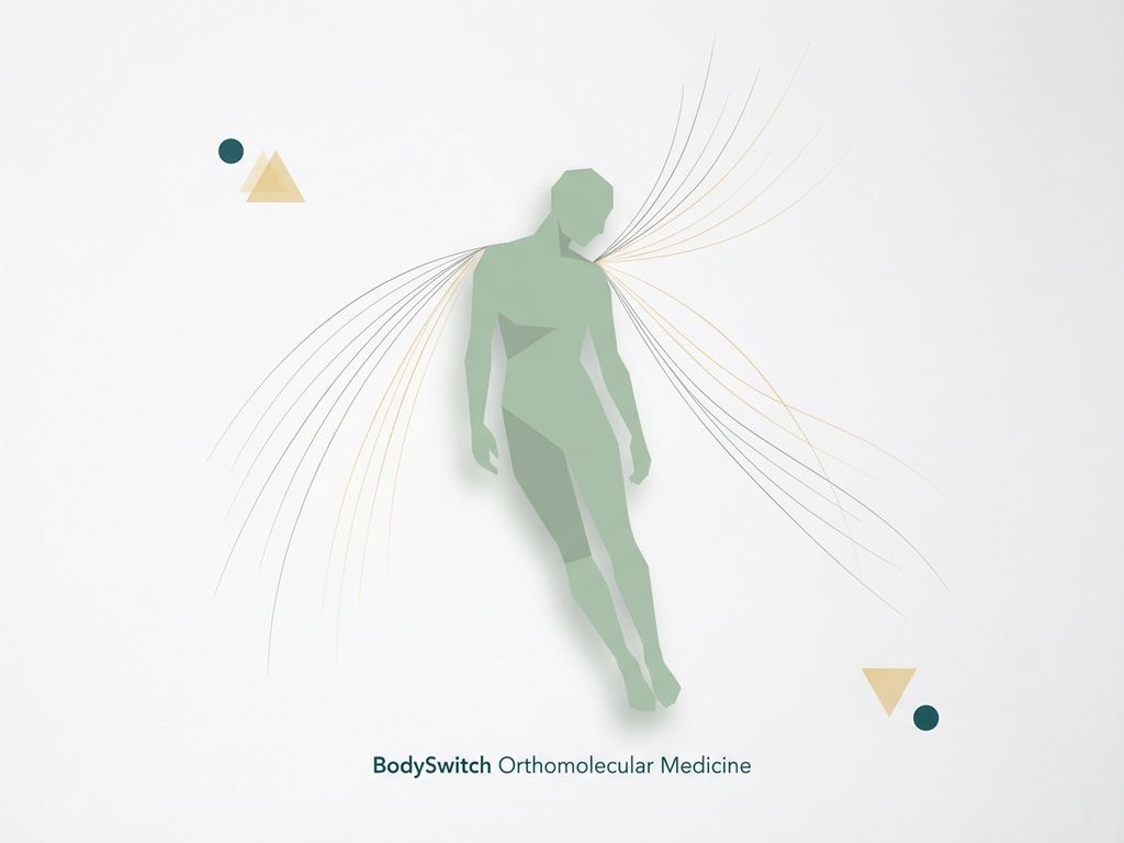 Groene menselijke silhouet met vermoeidheid, omringd door energiegolven en geometrische vormen in medische stijl