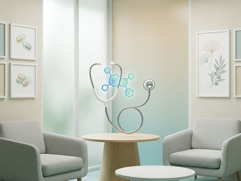 Stethoscoop rond moleculaire structuur met vitamincapsules en bladeren op zachte teal-beige achtergrond