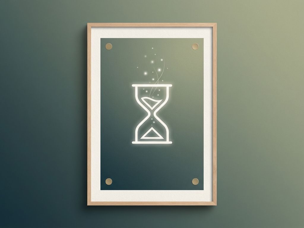 Geometrisch zandloper symbool met energiedeeltjes op teal-groene gradiënt achtergrond, gouden accenten in hoeken