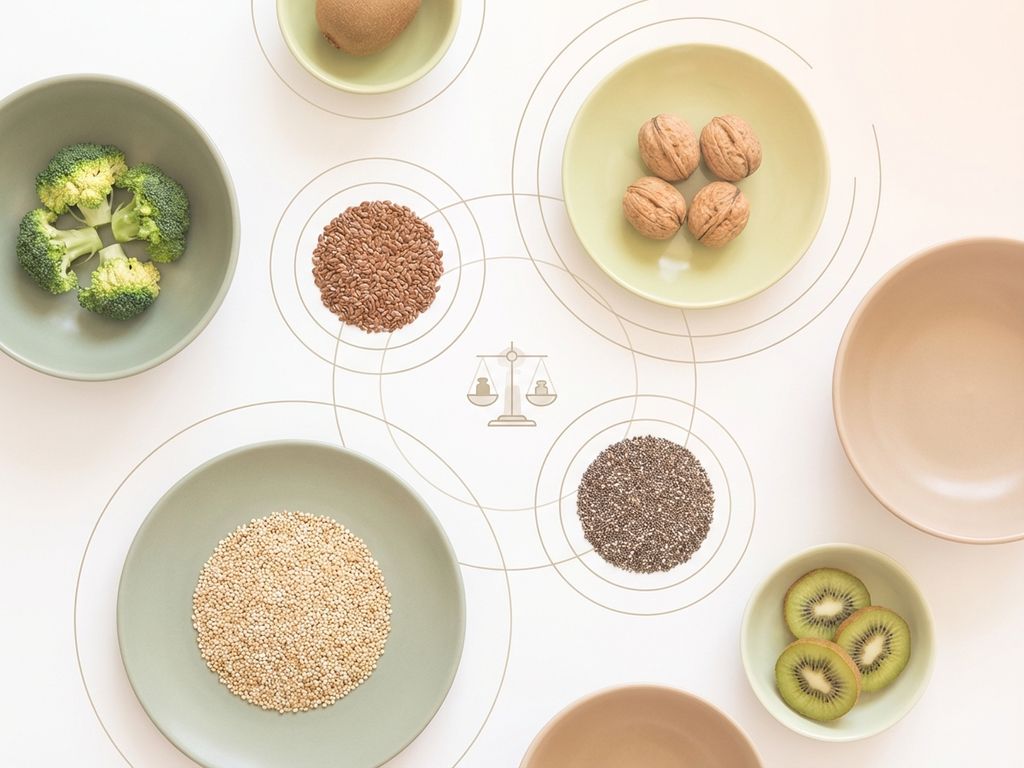 Gebalanceerde samenstelling van voedingsrijke groenten, noten en zaden in zachte pasteltinten met geometrische vormen