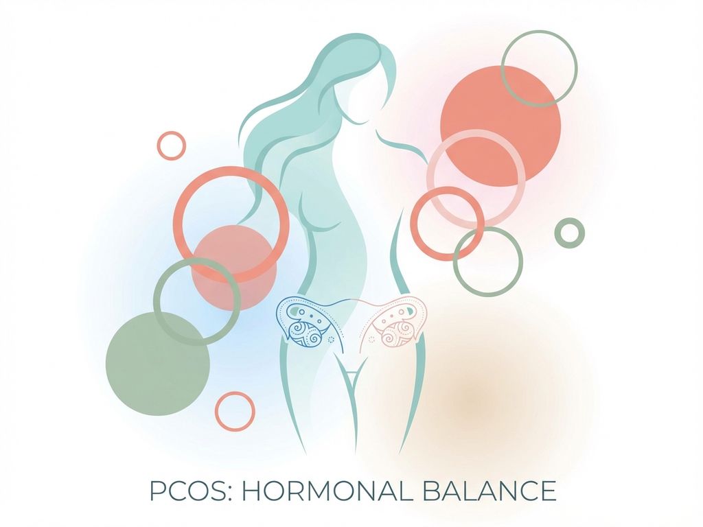 Medische illustratie van vrouwelijk silhouet met geometrische elementen die hormonale balans en PCOS-symptomen voorstellen