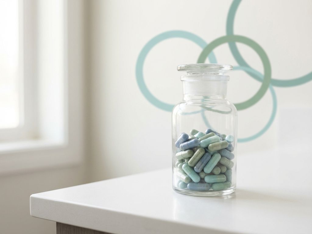 Glazen pot met blauwe en groene probiotica capsules op witte ondergrond met geometrische elementen op de achtergrond