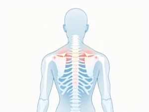 Anatomische illustratie van bovenrug en schouderbladen met rode pijnpunten in blauwe en beige tinten