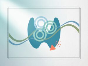 Schildklier silhouet in zachte teal met geometrische elementen die hormonale balans en onbalans in orthomoleculaire geneeskunde tonen