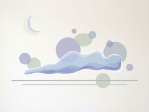Slapende figuur silhouet in zachte blauwtinten met geometrische cirkels en wassende maan voor rust en herstel