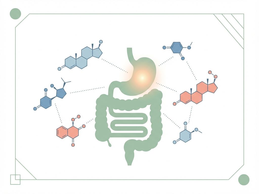 Gestileerd spijsverteringssysteem in zachte kleuren met zwevende hormoenmoleculen en gloeiende maag voor wellness illustratie