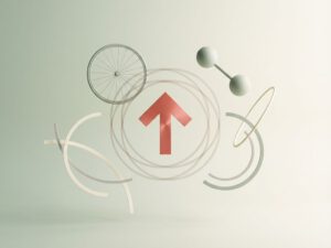 Minimalistische compositie met abstracte sportvormen - fietsenwiel, halters en bewegingslijnen op groene achtergrond