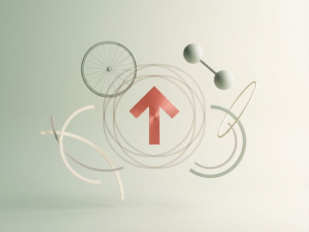 Minimalistische compositie met abstracte sportvormen - fietsenwiel, halters en bewegingslijnen op groene achtergrond