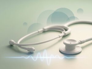 Witte stethoscoop op zachte groene achtergrond met geometrische cirkels en energiegolfpatroon voor lifestyle geneeskunde