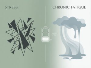Minimalistische splitscreen illustratie toont stress en chronische vermoeidheid met batterij-icoon op groene achtergrond